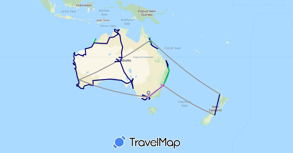 TravelMap itinerary: driving, bus, plane, train, boat in Australia, New Zealand (Oceania)